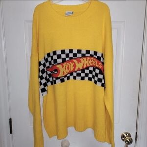 Womens 3X Hot Wheels Sweater Yellow Checkered Long Sleeve Cozy Holiday Christmas